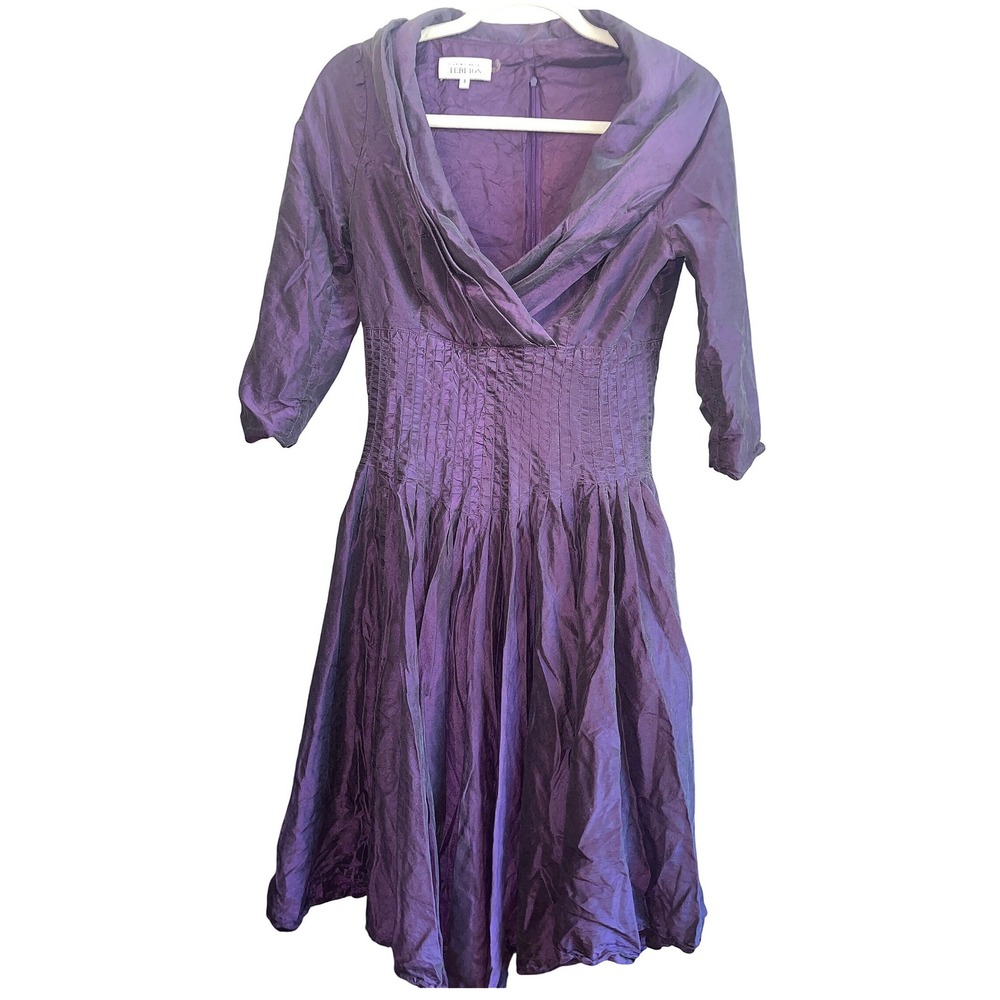 Vintage 100% Purple Silk Terri Jon  Midi‎ Dress 3/4 Sleeves 8